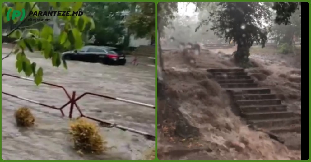 VIDEO // Chișinăul sub ape: Mașini înecate, străzi și scări de bloc inundate din cauza furtunii